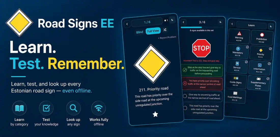 Road Signs EE promotional banner showing Learn, Quiz and category screens