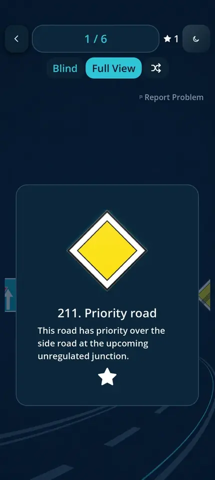 Road Signs EE Learn mode showing a road-sign flashcard