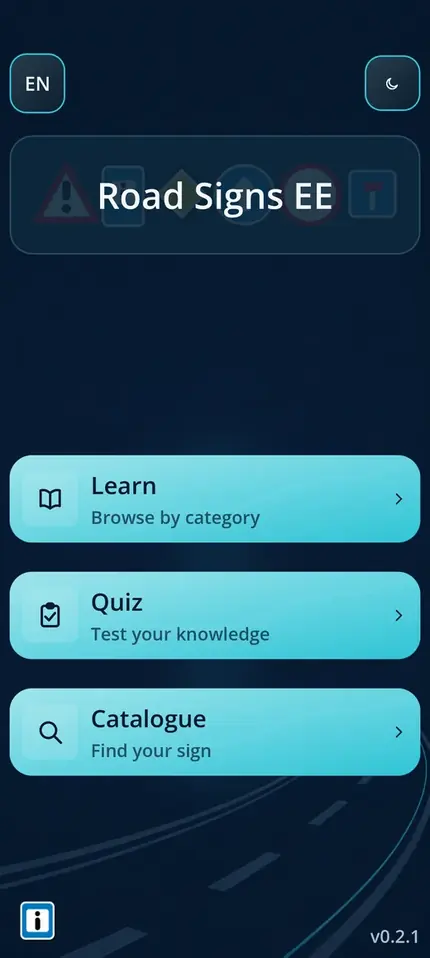 Road Signs EE main menu with Learn, Quiz and Catalogue buttons