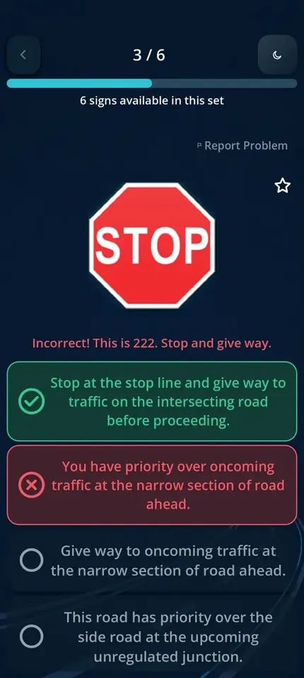 Road Signs EE Quiz mode showing a multiple-choice road-sign question