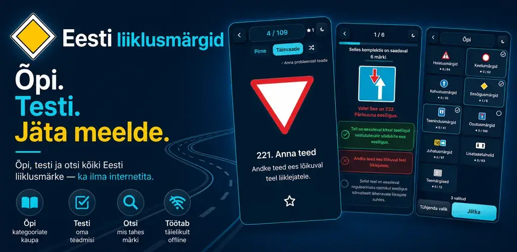 Road Signs EE reklaambänner õppimis-, viktoriini- ja kategooriavaadetega
