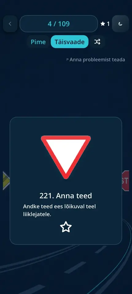 Road Signs EE õpperežiim liiklusmärgi õppekaardiga