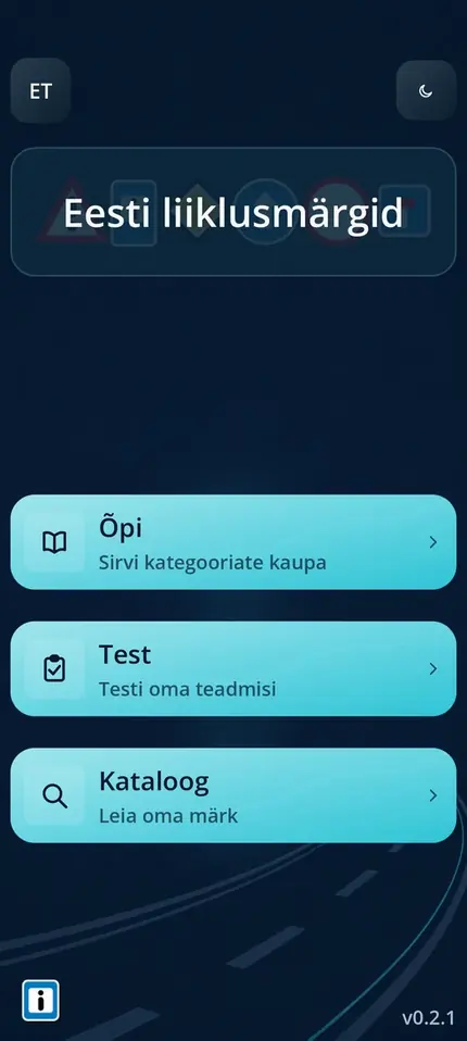 Road Signs EE peamenüü nuppudega Õpi, Viktoriin ja Kataloog
